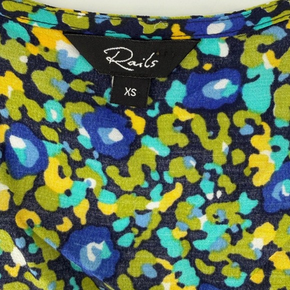 Rails Roma Abstract Floral V-Neck Mini Dress Blue Green Yellow Puff Sleeve XS - Picture 7 of 12